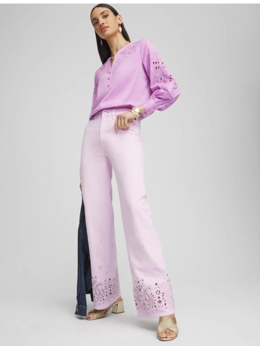 Chico's So Slimming High Rise Wide Leg Lavender Pink Eyelet-Hem Jeans Size 16